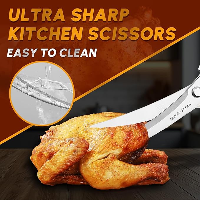 HUUSK Kitchen Scissors Silver - Stainless Steel Kitchen Shears for Food, Japanese Cooking Scissor, Sharp Meat Scissors Dishwasher Safe, Heavy Duty Poultry Shears for Chicken, Gifts for Women