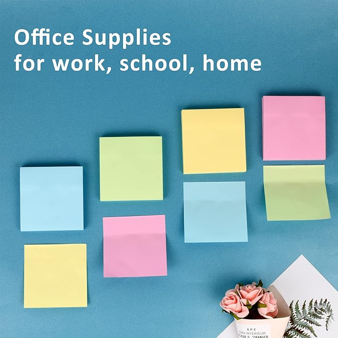 HappyHapi Sticky Notes 3x3 Inch 2800 Sheets, 28 Pack 100 Sheets/Pad, 4 Soft Colors (Yellow, Green, Pink, Blue) Light Colored Self-Stick Pads, Bulk Office Supplies for Work, School & Home