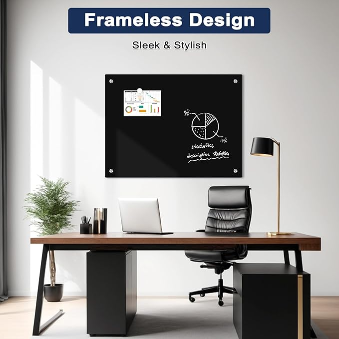 Black Dry Erase Board, 8' x 4' Magnetic Glass Whiteboard for Wall,96" x 48" Large Black Glass Magnetic Board with 1 Marker Tray and 10 Magnets for Office, Home, Classroom