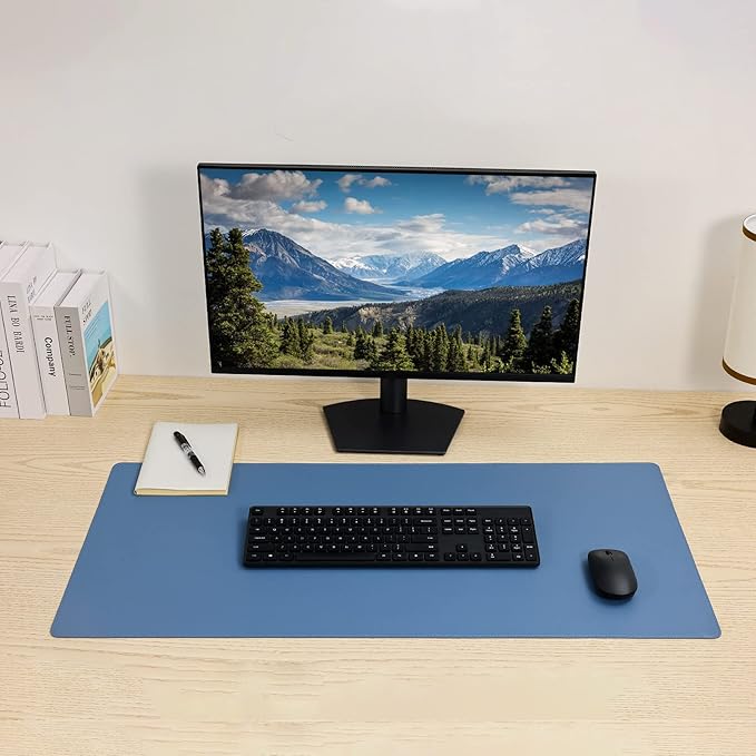 Wolaile Faux Leather Desk Pad Blotter,Water and Slip Resistant Writing Desk Protector Mat,Blue Large Mouse Pad for Desktop/Office Home Table Cover,36x17 in