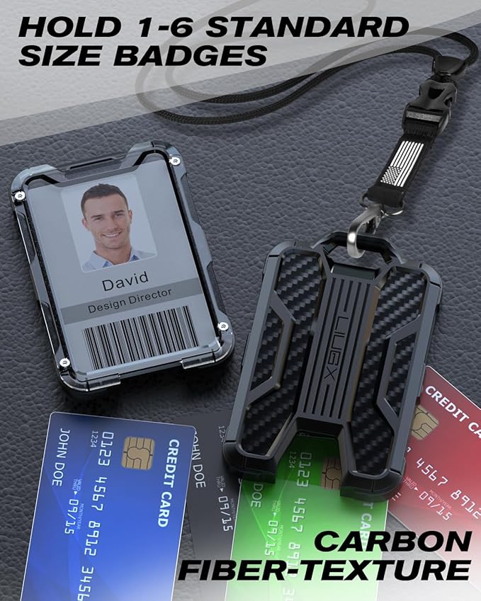 LIUGX Badge Holder with Heavy Duty Breakaway Lanyard, Carbon Fiber-Texture, Durable ID Card Holder (Holds 6 Cards) with Quick Release Detachable Buckle, Metal Clip, American Flag
