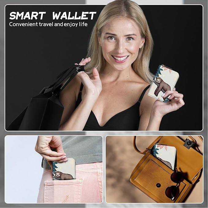 BWEGRHE Cute Credit Card Holder with Zipper, Sloth RFID-Blocking Card Case Small Wallet for Women Men, Multi-slot Card Organizer Case Travel Accordion Wallet