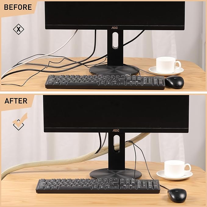 AGPTEK Cable Sleeve Cover, 2 Pack 5ft - 1.2 inch Desk Cord Organizer Cable Hider, Home Office Wire Management Computer TV Wire Loom Tubing, Pet Proof Cord Protector, from Cat Dog Chewing, Wood Color