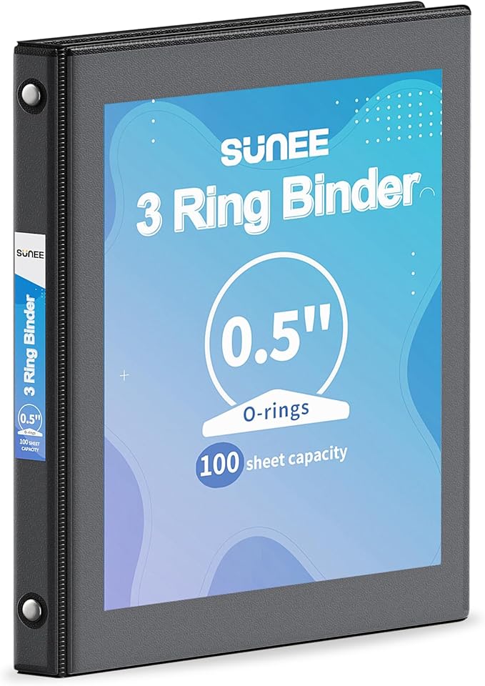 SUNEE 3 Ring Binder 1/2 Inch 1 Pack, Clear View Binder Three Ring PVC-Free (Fit 8.5x11 Inches) for School or Office Supplies, Black