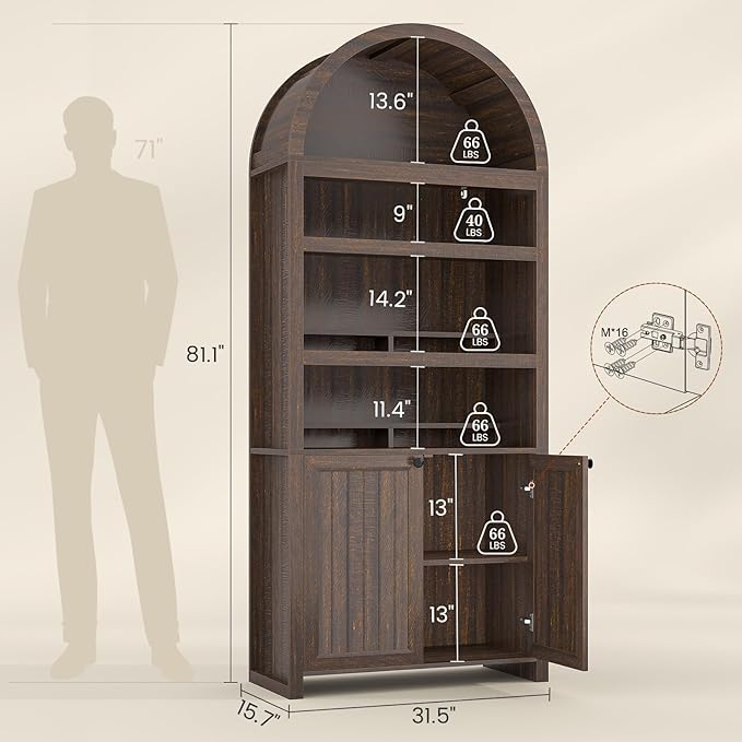 81" Tall Arched Cabinets,Bookcase with storage,Mid-Century Modern 6-Tier Bookshelf with Door,2 Book Risers and Adjustable Shelves offering more storage space for Living Room,Kitchen,Home Office,Walnut