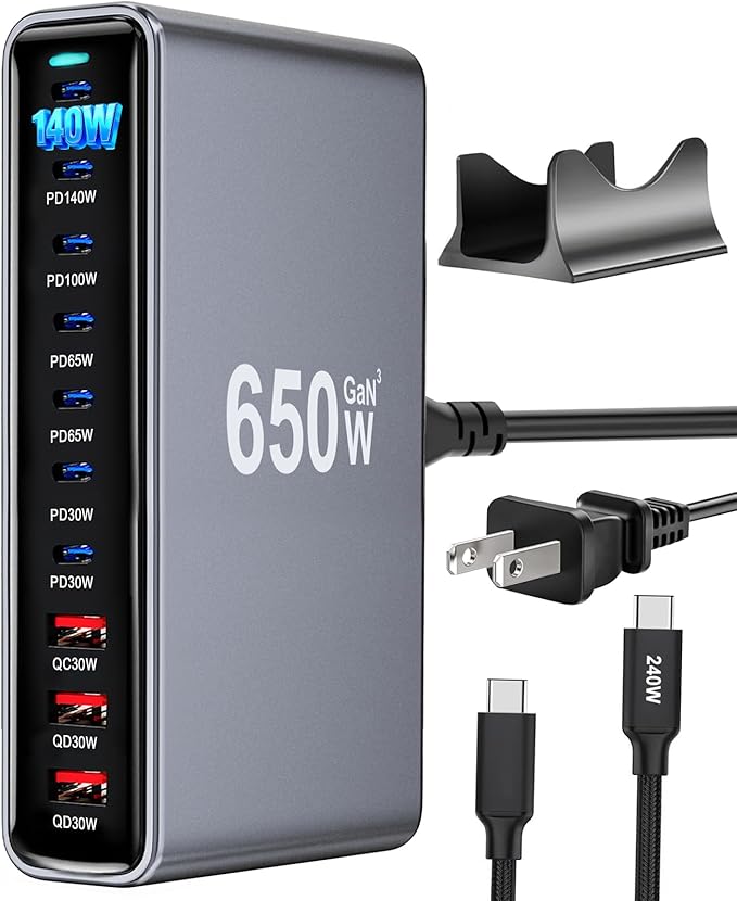 650W USB C Fast Charger Block, Dual PD3.1 140W 10 Port USB Charging Station, GaN Ⅲ Pro PD PPS Fast Charging Station for Multiple Devices,Laptop Wall Charger Compatible with iPhone 17/iPad/MacBook etc