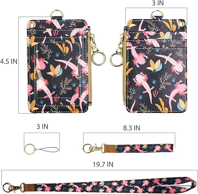 Cute Axolotl Badge Holder with Lanyard, Women's Lanyard Wallet, Id Badges Holder for Nurse, Teacher, Student, Office