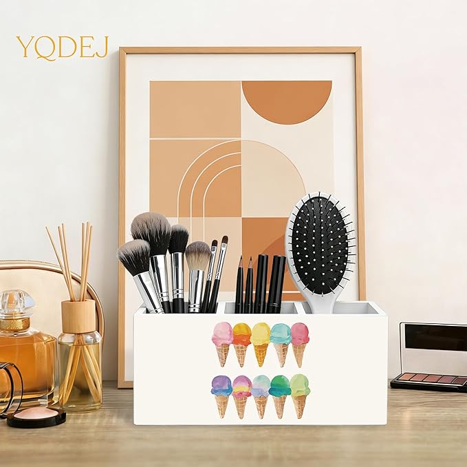 YQDEJ Summer Ice-Cream Pen Holder for Desk Accessories Lovers Gifts, Watercolor Ice Cream Cone Wooden Box Sign Desk Pencil Holder Organizer for Kids Room Home Classroom Decoration