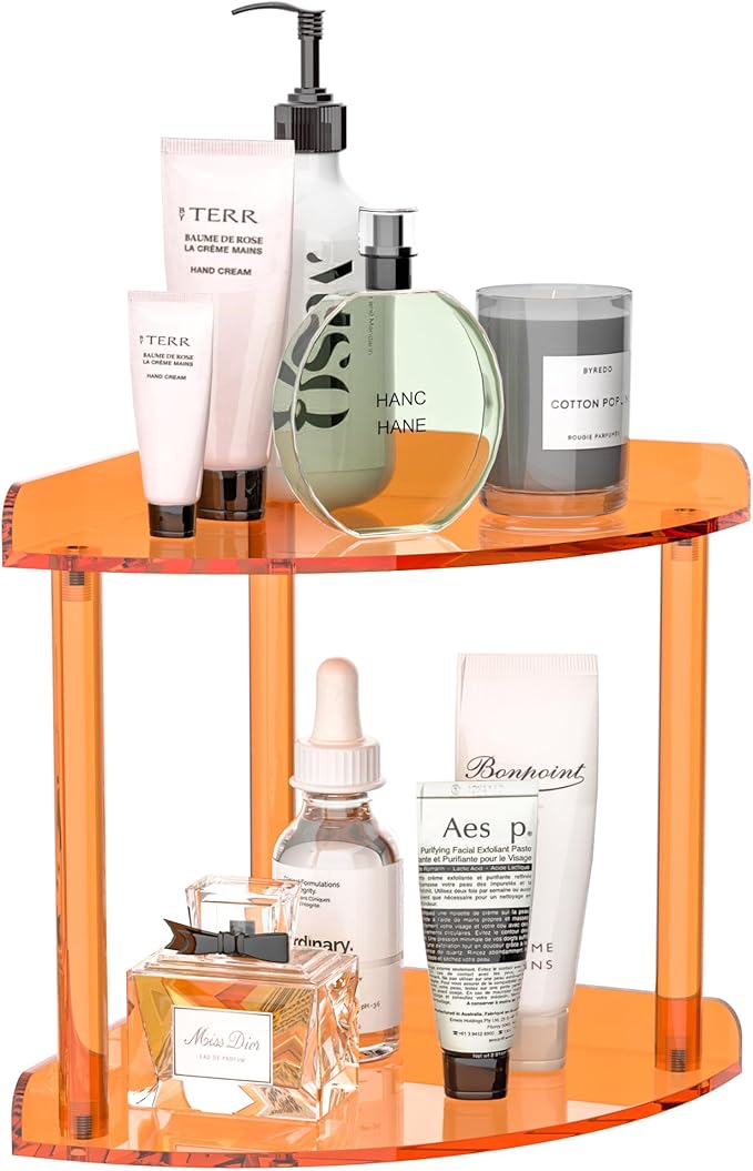 Sezanrpt 2 Tier Countertop Corner Organizer Shelf 7x7x8 Inch, Orange Acrylic Bathroom Corner Shelf for Countertop, Vanity Storage for Skincare, Cosmetics, Perfume