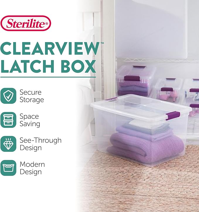 Sterilite 6-Pack Plastic Storage Bin w/ Latch Lid, ClearView Stackable Containers, 66 Qt