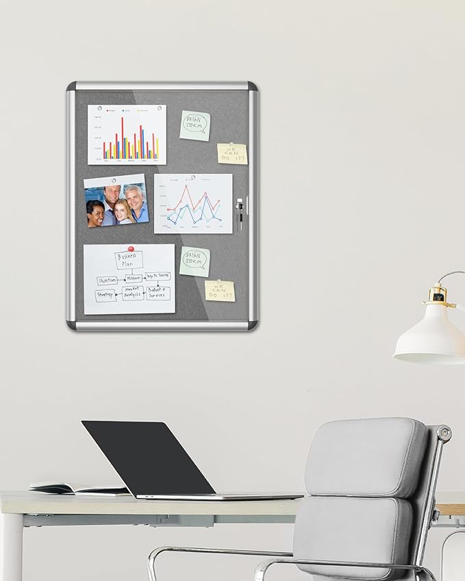 Mifuro 26"x20" Enclosed Bulletin Board, Lockable Weather-Resistant Aluminum Cork Noticeboard for School & Office, Silver Frame w/Grey Flet