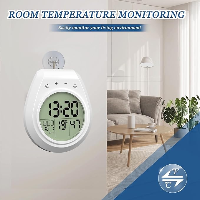 USAOSHOP Bathroom Clock Waterproof Shower Timer, Digital Wall Clock with Countdown, Temperature Display, Calendar, Suction Cup Hanging Hole, for Kids and Adults, White