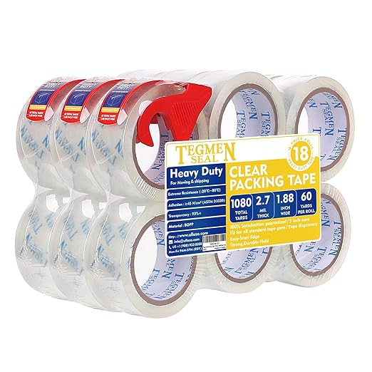 TegmenSeal Heavy Duty Clear Packing Tape with Dispenser Combo for Shipping, Moving & Storage,Thicker Clear Packing Tape, 1.88 inches Wide, 60 Yards Per Roll, 18 Pack 1080 Total Yards