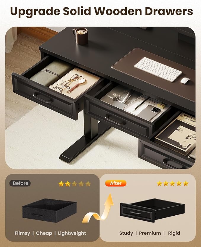 OffiGo Electric Standing Desk with 3 Wooden Drawers, 48 Inch Height Adjustable Desk with Power Outlets & LED Lights, Black Sit Stand Table with Monitor Stand for Home, Office, Workstation