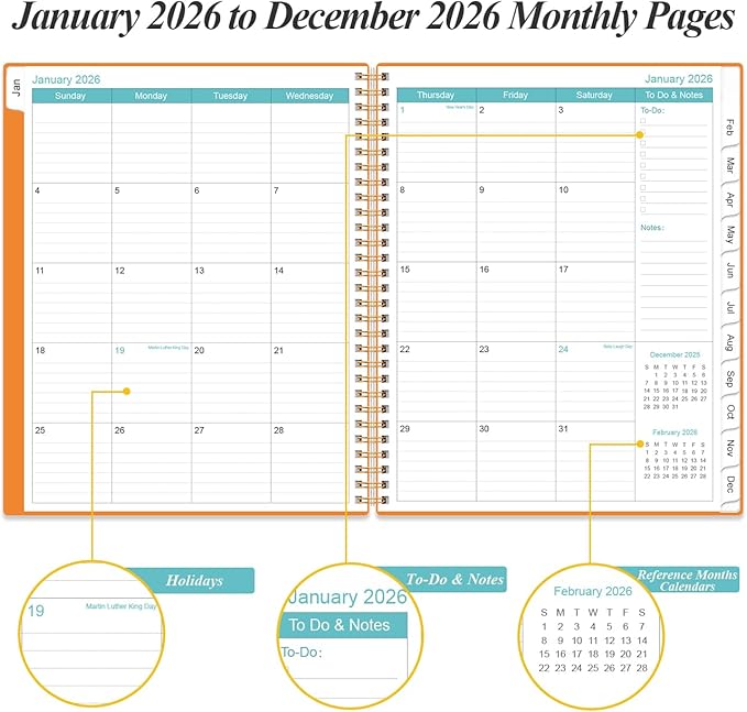 2026 Planner - Planner 2026 from January 2026 to December 2026 with 12 Monthly Tabs, Flexible Cover, Inner Pocket, 8.5" x 11", Orange-A
