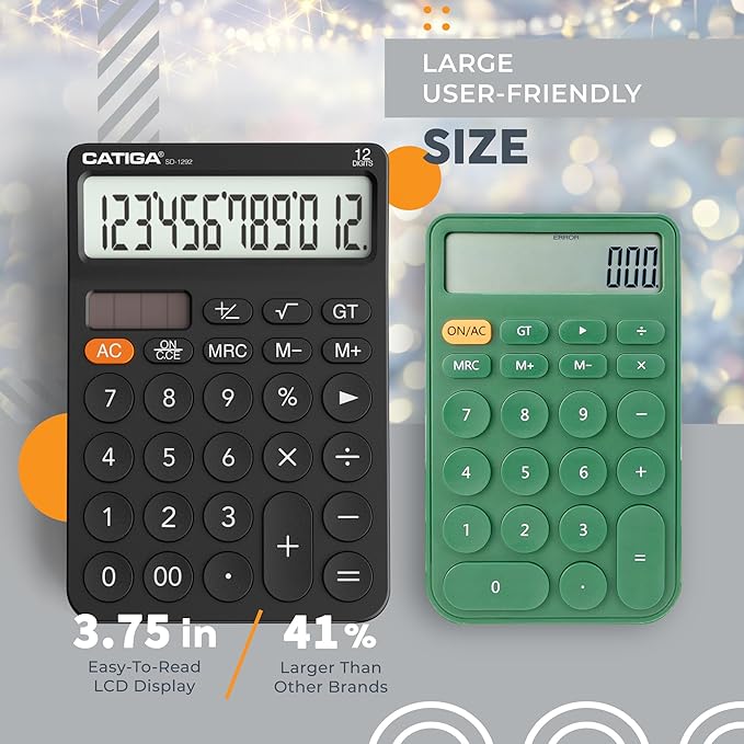CATIGA 12 Digit Desktop Calculator with Large LCD Display, 4 Funtions Calculator, Round Design Big Button, Solar and Battery Dual Power, Standard Function for Office, Home, School, SD-1292
