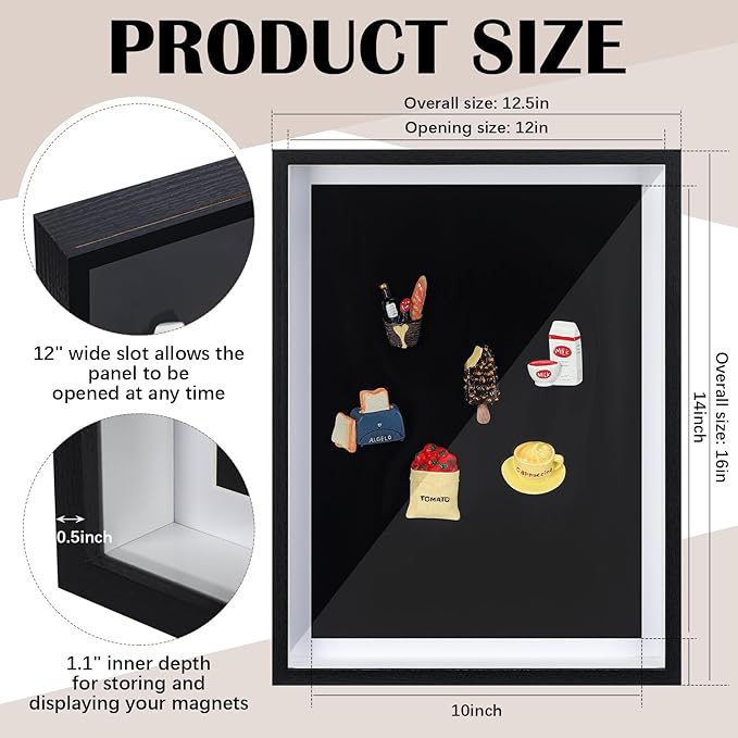 Vicenpal 2 Pcs Large Magnetic Board 16" x 12" Magnet Display Board Removable Souvenir Fridge Magnet Frames Case for Wall Dust Proof Magnetic Shadow Box for Wall Table Refrigerator (Black)