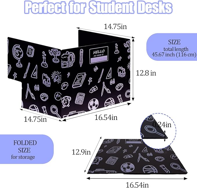 Succwoah 25-Pack Desk Dividers for Students with Privacy Shields, Ergonomic Arms Cutouts & Erasable Name Frames - Waterproof & Easy-to-Clean Test Dividers for Classroom, Exams, Office (Black)