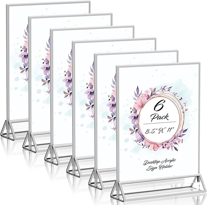 PPH-Sisy Clear Acrylic Sign Holder 8.5X11 with Silver Borders Display Stand, Double Sided Acrylic Picture Frames Plastic Sign Holder for Wedding Table Numbers Menu Holder (6 Pack)