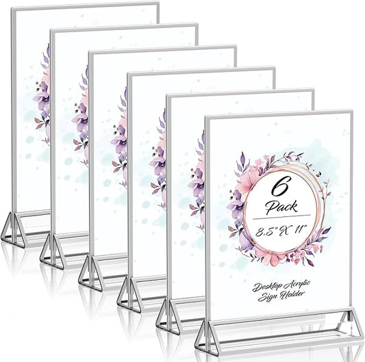 PPH-Sisy Clear Acrylic Sign Holder 8.5X11 with Silver Borders Display Stand, Double Sided Acrylic Picture Frames Plastic Sign Holder for Wedding Table Numbers Menu Holder (6 Pack)