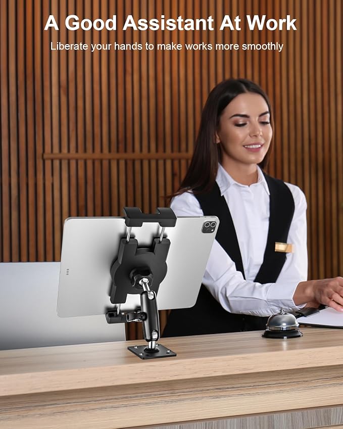 Small Tablet Wall Mount iPad Holder, Metal 360° Adjustable Stand, Multiple Hole Position, Alloy Base and Joint Arm, for iPad Pro Air Mini, Galaxy Tabs, Z Fold, Fire HD, Surface, iPhone, 4-13" Devices