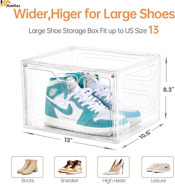 Amllas 8 Pack Shoe Boxes Clear Plastic Stackable, Large Shoe Storage Organizer with Lids,Drop Side Shoe Containers for Entryway,Sneaker Storage Fit up to US Size 13 (13’’x 10.6”x 8.3”)