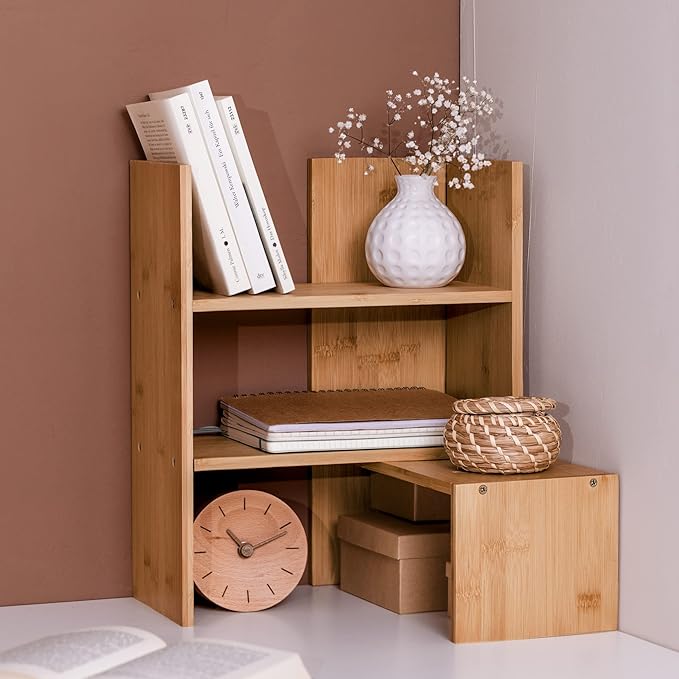 Navaris Desk Organizer Shelf Unit - Bamboo Desktop Shelves for Table or Countertop - Free-Standing Adjustable Shelving Rack for Tidy Kitchen or Office