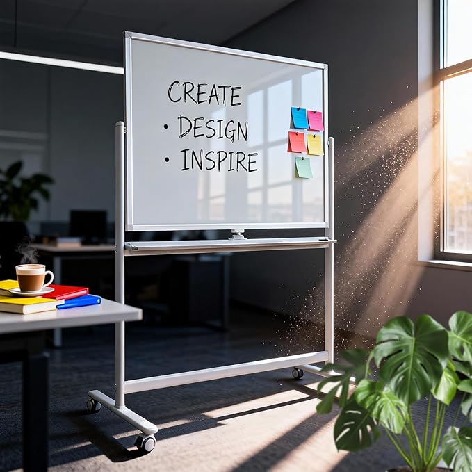 Large Mobile Glass White Board with Wheels - 48”x36” Rolling Dry Erase Whiteboard with Stand, Quick Flip Over Reversible Glass Board, Standing Double-Sided Board
