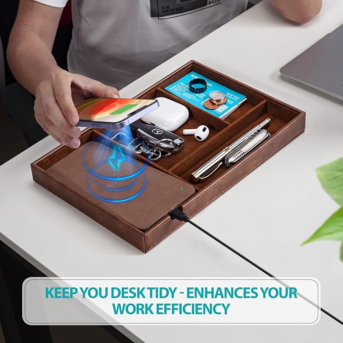 Valet Tray, Built in Wireless Charging Pad, Nightstand Organizer, Dresser Organizer, Mens Jewelry Box, Valet Charging Station, Faux Leather Valet Tray for Men and Women, Brown