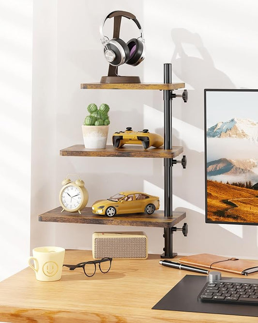 ART-GIFTREE 3 Tiers Clamp On Desk Shelf, 360¡ã Angle Adjustable Desktop Shelf Organizer for Home Office Gaming Room, No Drill Desk Extender Adapt to 0.4-2.16 inches Table Thick, Black Brown