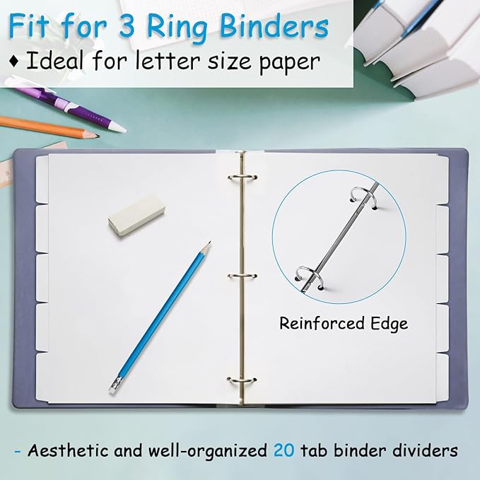 Binder Dividers for 3 Ring Binder, 1/5 Cut Tabs, Letter Size, Blank Write On Page Dividers with 5 Big Tabs for School Office Home, 8 Sets, 40 Dividers, White