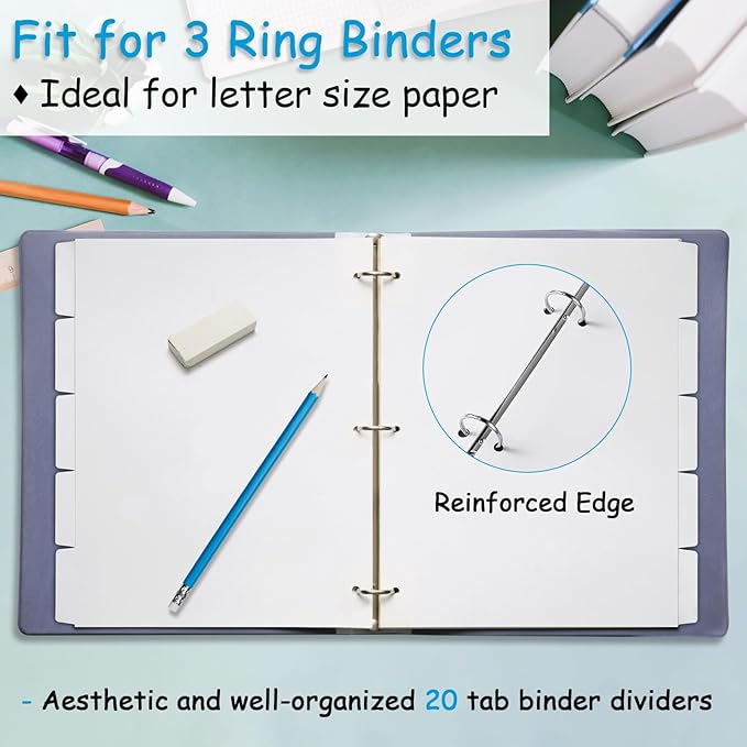 Binder Dividers for 3 Ring Binder, 1/5 Cut Tabs, Letter Size, Blank Write On Page Dividers with 5 Big Tabs for School Office Home, 4 Sets, 20 Dividers, White