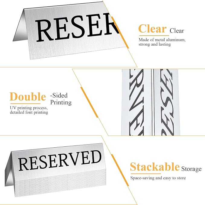 Aemygo 24 Pcs Metal Reserved Table Signs, Silver Table Top Reserved Sign for Restaurants, Double Sided Tent Guest Reservation Table Seat Sign for Wedding, Party, Ceremony, Events(5.91" x 3.15")