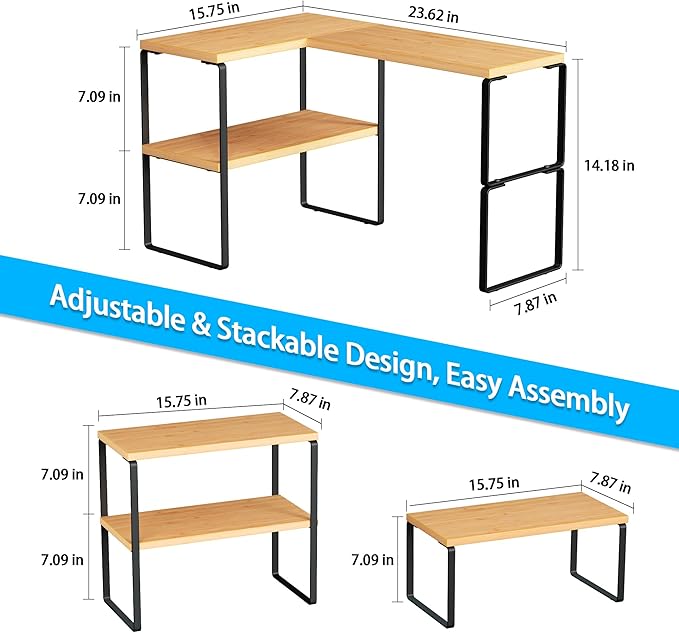 Golener Countertop Organizer Corner Shelf, 2-Tier Adjustable Stackable Corner Shelves for Kitchen, Spice Rack, Coffee Area, Over Sink, Bathroom, Dresser Table, Corner Counter Shelf Stand, Bamboo
