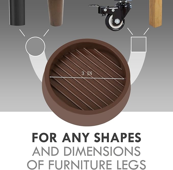 VOCOMO 3X3 Round Rubber Caster Cups, Non Slip Furniture Pads, Anti-Slip Gripper, Anti Skid Furniture Feet, Anti Slide Floor Protector for Bed Couch Table Chair Stoppers - Brown, 4 Pack