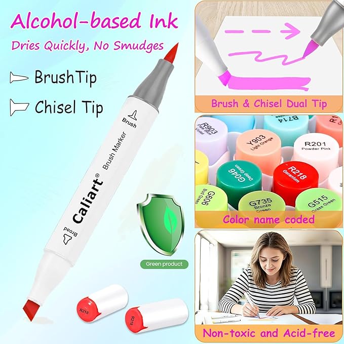 Caliart Alcohol Markers Brush Tip - 121 Colors Dual Tip Art Markers Set for Adult Coloring Books Artist Drawing Illustration Sketching, with Case Permanent Alcohol Based Colored Chisel & Brush Pens