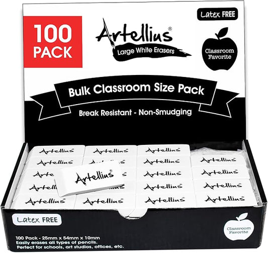 Artellius Erasers - 100-Pack, White, Latex-Free Rubber Blocks - Bulk White Erasers for School, Classroom & Kids - Smudge-Free Erasing for Drawing, Art, Office, Teacher & School Supplies