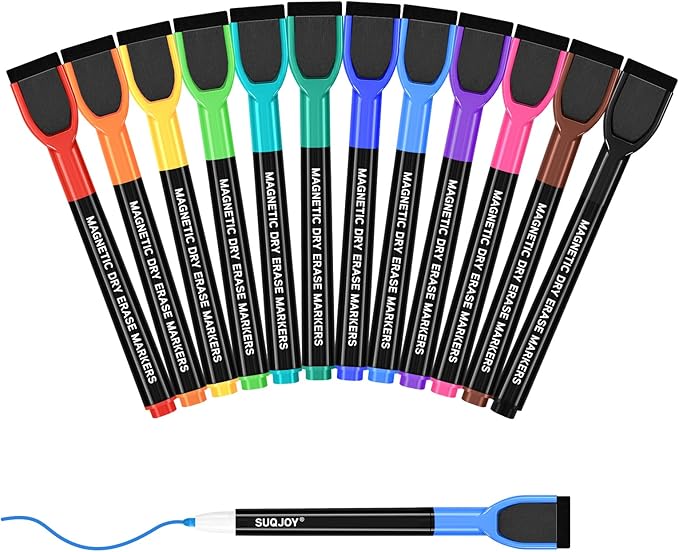 SUQJOY Magnetic Dry Erase Markers with Eraser Caps, Fine Tip 1-2mm, Low Odor Quick Dry Ink, 12 Colors, Whiteboard Marker Set for Fridge Calendar Office, 12 Count