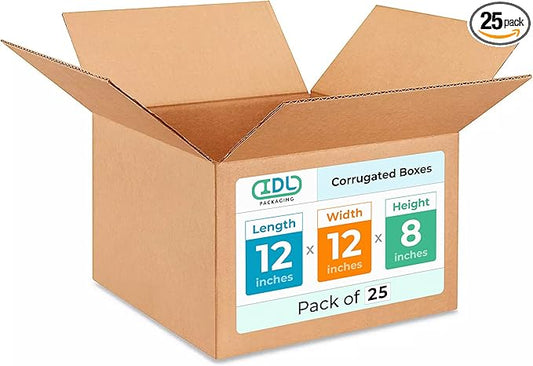 IDL Packaging - B-12128-25 Medium Corrugated Shipping Boxes 12"L x 12”W x 8"H (Pack of 25) - Excellent Choice of Strong Packing Boxes for USPS, UPS, FedEx Shipping