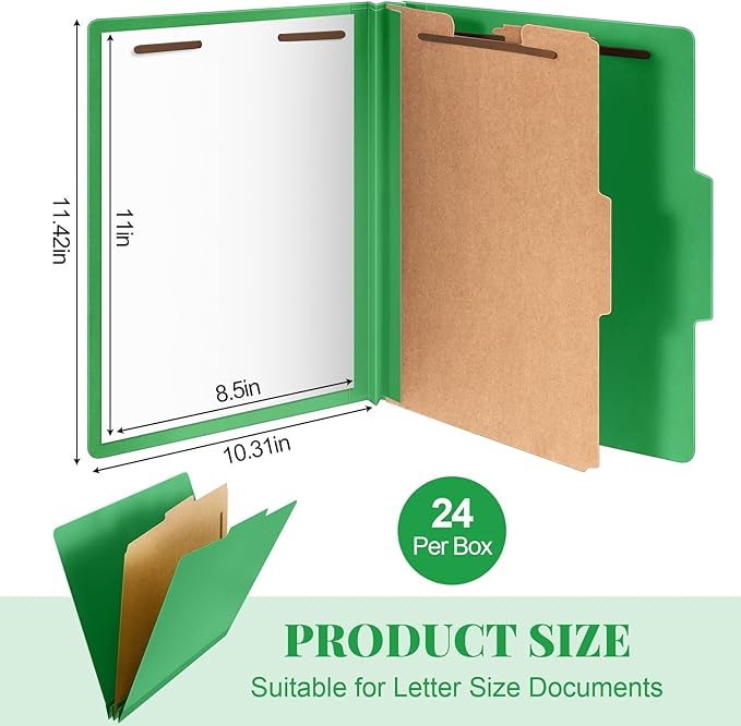 Skyygemm 24 Pcs Classification Folders Letter Size, 1 Divider Pressboard File Folder with Fasteners, Expanding File Organizer Bulk for School Teachers, Office Employee, Coworker, Staff (Green)