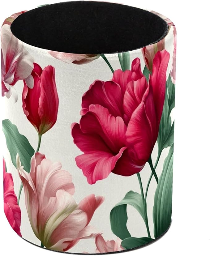 Leather Pen Holder for Desk Tulips Pattern Pencil Cup Desktop Organizer Makeup Brush Holders Office Supplies for Home, Kids & School