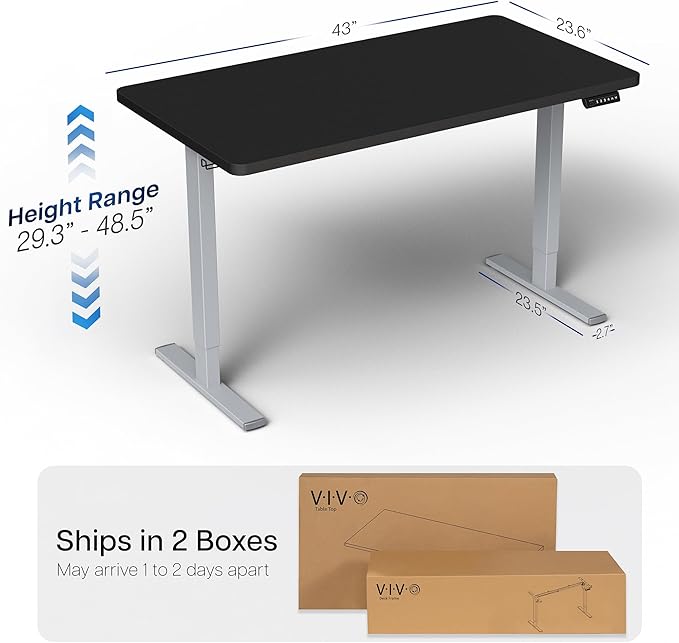 VIVO Electric 43 x 24 in Standing Desk, Memory Height Adjustment, 1B Series, Holds 220 lbs, One-Piece Black Top, Gray Frame, DESK-KIT-1G4B