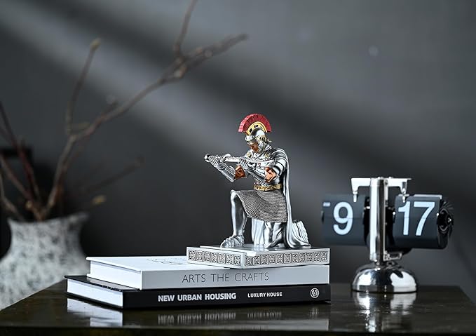 CYXStar Roman Praetorian Prefect Warrior Knight Pen Holder Desk Ornament Resin Praetorian Guard Mobile Phone Stand Desk Accessories and Organizer for Office with a Letter Opener (Silver)