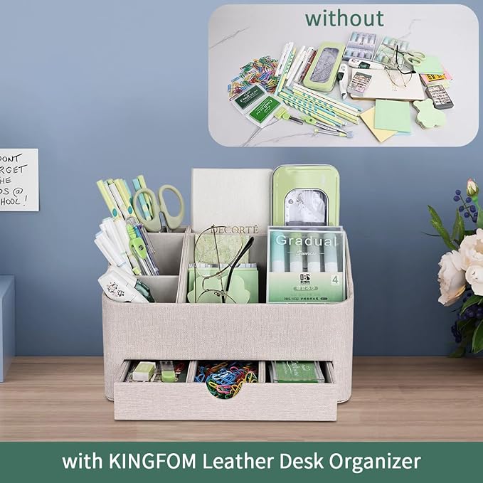 KINGFOM PU Leather Desk Organizer with Drawer, 5 Compartments Desktop Storage Caddy for Office & Home Supplies, Pen Holder for Remote Control, Phone & Accessories, Mail Organizer Countertop(Beige)