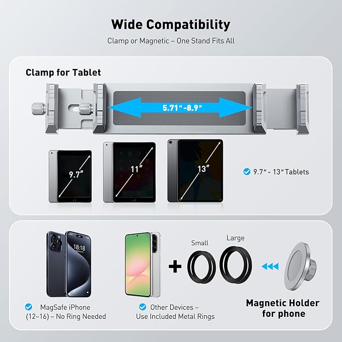 AboveTEK 2-in-1 iPad Stand for Desk, Aluminum iPad Holder Arm with Clamp & Magnetic Ring Head, 360° Adjustable Tablet Stand Holder, Bed Clamp Mount for 4.7"-13" iPads Air/Pro/Mini, Galaxy Tab & Phones