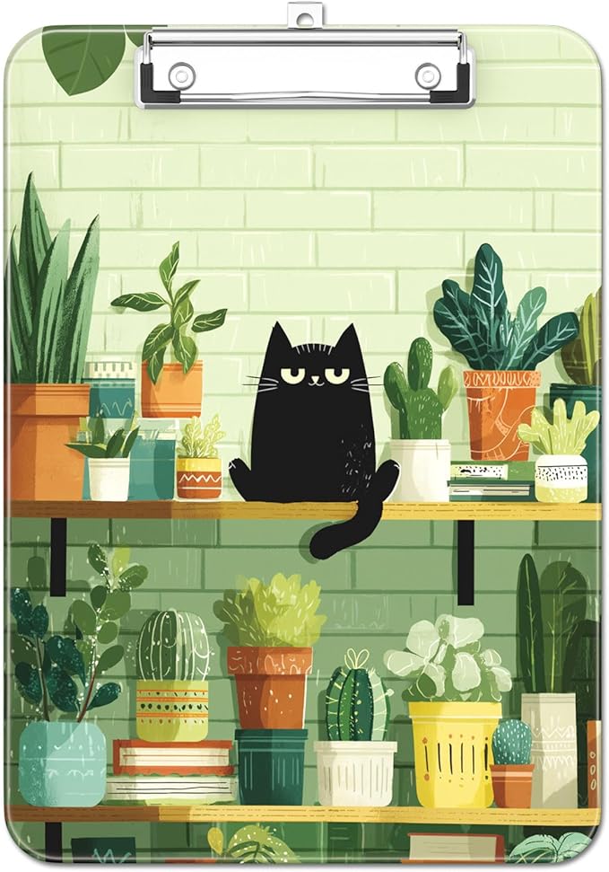 Luminzo Plastic Cute Clipboard Low-Profile Metal Clip, A4 Letter Size 9 x 12.5 in, 8.5 x 11 Paper Clip Board for Teachers, Nurses, Classroom,Cafe Black Cat