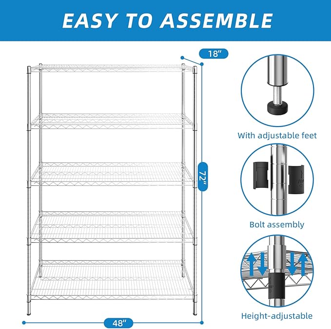 Guan River 5-Shelf Adjustable Metal Shelf Wire Shelving Unit Heavy Duty Storage Rack Display Shelf for Office,Kitchen,Bedroom,Bathroom,Laundry,Pantry Basement,Garage(Chrome,48" L x 18" W x 72" H)
