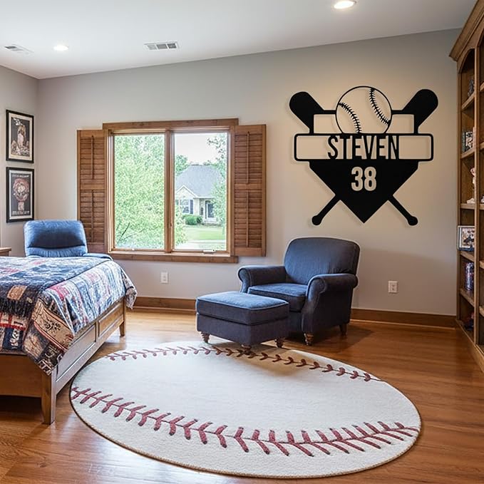 Personalized Baseball Metal Sign Custom Name & Number Sign Baseball Player Gift Boys Room Decor Softball Lover Present Sports Wall Art Decor Gift for Girls, Team, Dad, Man, Woman