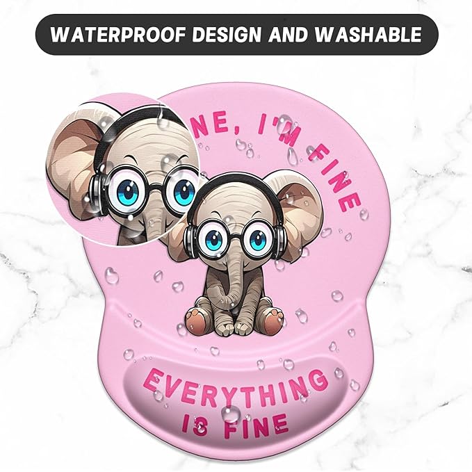 ITNRSIIET Ergonomic Mouse Pad with Gel Wrist Support Small Wrist Rest Smooth Surface Non-Slip PU Base Comfortable Office Supplies Pain Relief, 8.7 x 7.2 inches, Pink Pretty Elephant