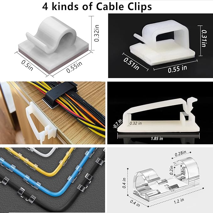 DRIVUU White Cable Management Organizer Kit 4 Cable Sleeve Split,47Cable Clips 12Cord Clips Holder,22 Cable Ties, 20 Adhesive Wall Cable Tie, 200Fasten Cable Ties for TV Electronics
